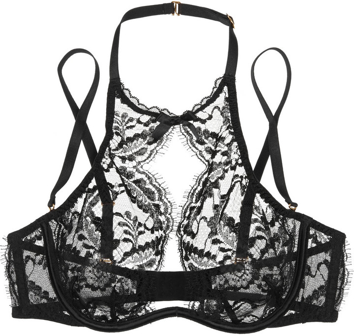 AGENT PROVOCATEUR STRETCH-LEAVERS LACE AND TULLE PLUNGE BRA - Leah Forester
